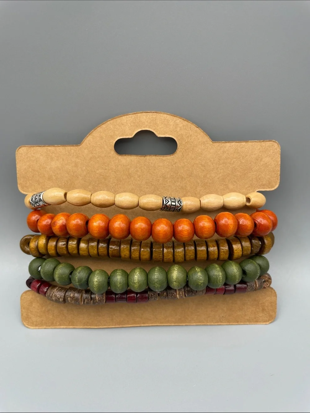 Fashion Jewelry Earth-Tone Wood Bead Bracelet Set - Orange, Green, Brown